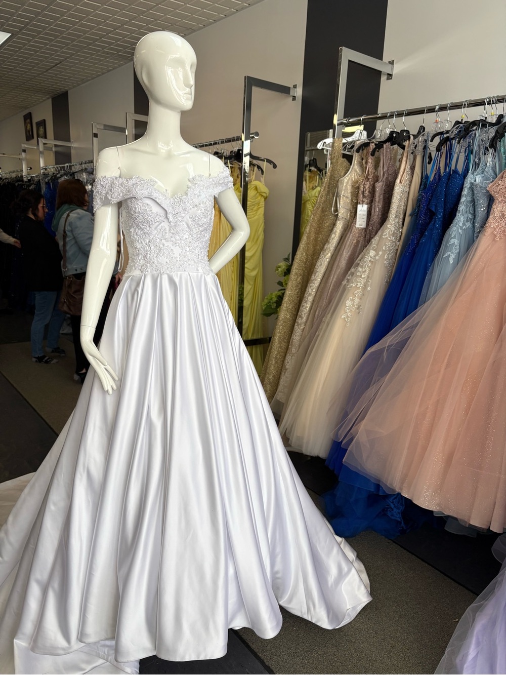 Off-the-Shoulder White Satin Ball Gown Wedding Dress